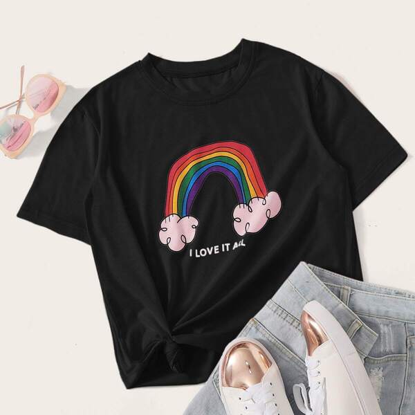 

Rainbow & Slogan Print Tee, Black