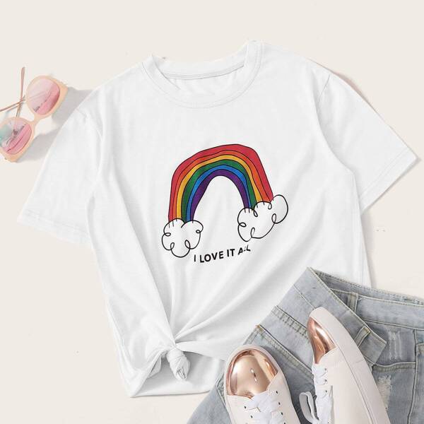 

Rainbow & Slogan Print Tee, White