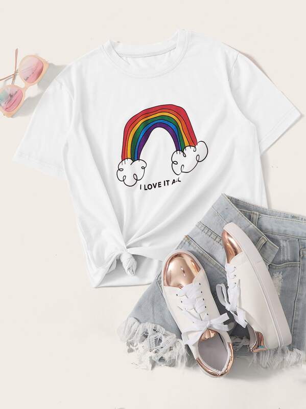 

Rainbow & Slogan Print Tee, White