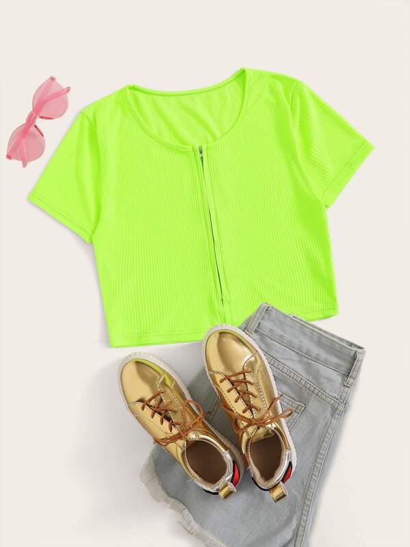 

Neon Lime Zipper Front Crop Top, Green