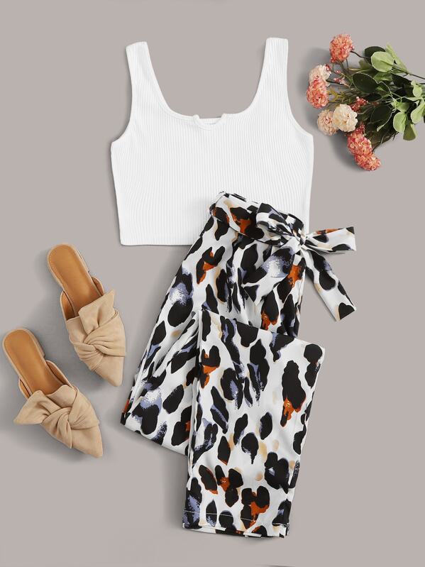 

Ribbed Crop Top & Leopard Print Belted Pants, Multicolor