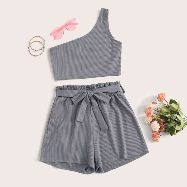 

One Shoulder Crop Top & Frill Waist Belted Shorts