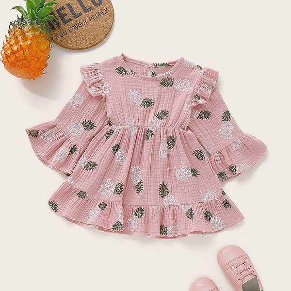

Baby Girl Pineapple Print Ruffle Hem A-line Dress