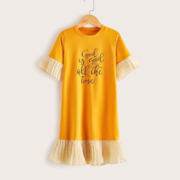 

Toddler Girls Pleated Hem Slogan Graphic Tee Dress, Yellow