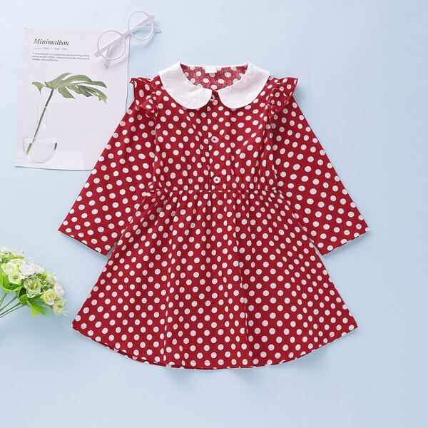 

Toddler Girls Polka Dot Contrast Collar Flare A-line Dress