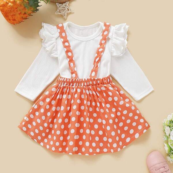 

Baby Girl Ruffle Trim Romper With Polka Dot Pinafore Skirt, Multicolor