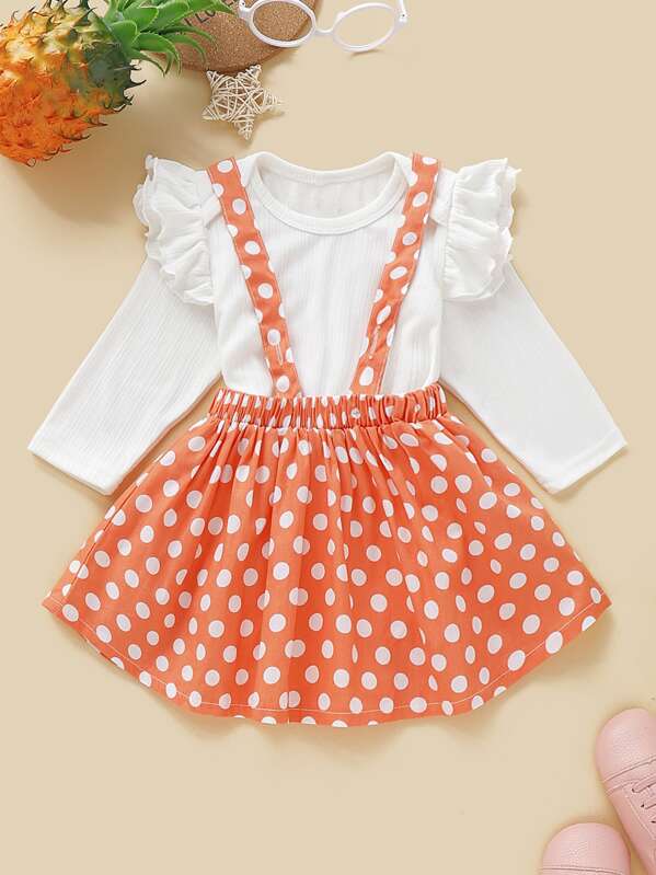

Baby Girl Ruffle Trim Romper With Polka Dot Pinafore Skirt, Multicolor