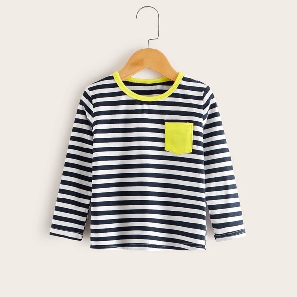 

Toddler Boys Contrast Pocket Striped Ringer Tee, Black and white