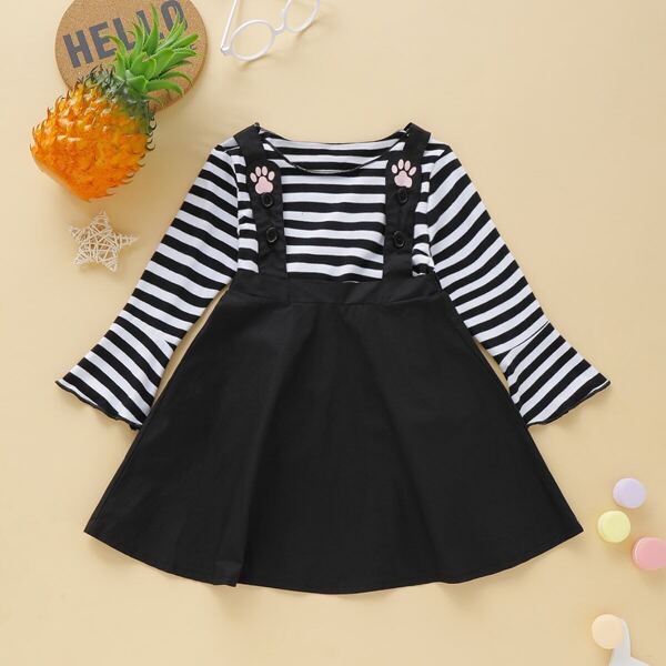 

Toddler Girl Striped Flounce Sleeve Tee With Pinafore Skirt
