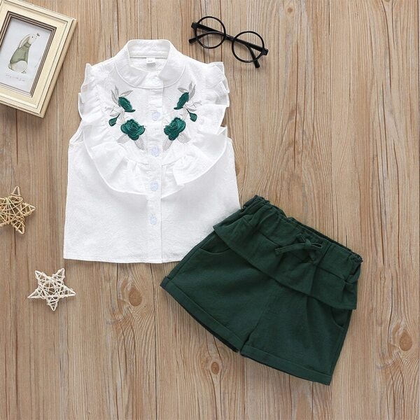 

Toddler Girls Floral Embroidery Ruffle Blouse With Shorts, Multicolor