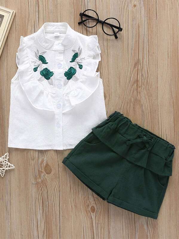 

Toddler Girls Floral Embroidery Ruffle Blouse With Shorts, Multicolor