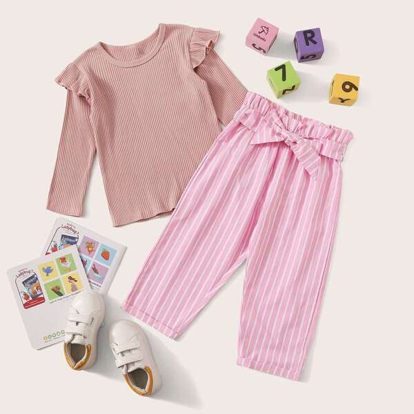 

Toddler Girls Ruffle Rib-knit Top With Paperbag Striped Pants, Pink