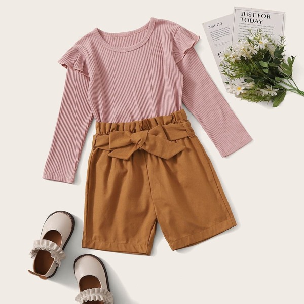 

Toddler Girls Ruffle Rib-knit Top With Paperbag Shorts, Multicolor