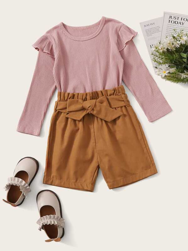 

Toddler Girls Ruffle Rib-knit Top With Paperbag Shorts, Multicolor