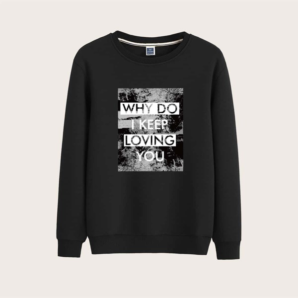 

Men Crew Neck Slogan Graphic Pullover, Black