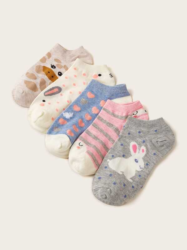 

Rabbit & Heart Pattern Ankle Socks 5pairs, Multicolor