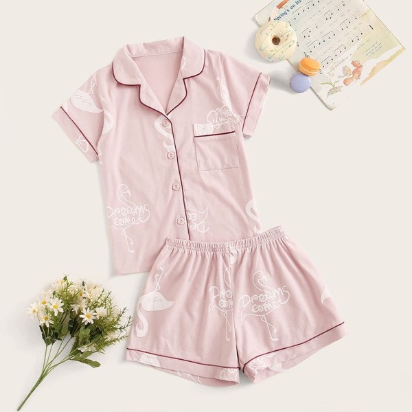 

Girls Flamingo Print Button-up Pajama Set, Pink pastel