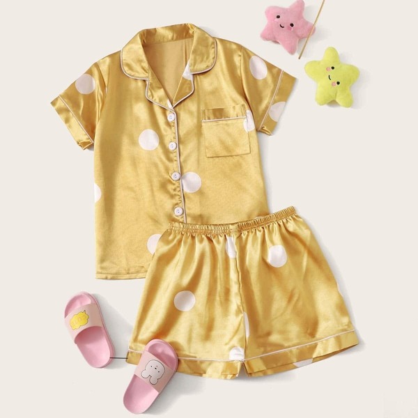 

Girls Polka Dot Satin Shirt With Shorts PJ Set, Gold