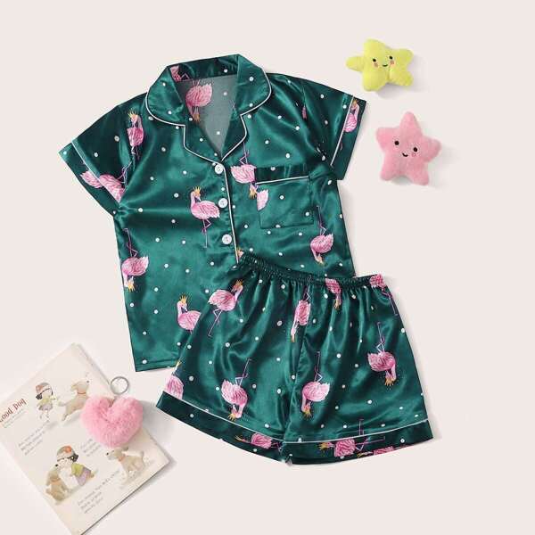 

Girls Flamingo Print Polka Dot Pajama Set, Green