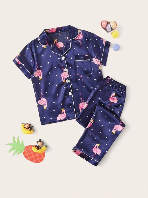 

Girls Flamingo Print Polka Dot Pajama Set, Navy