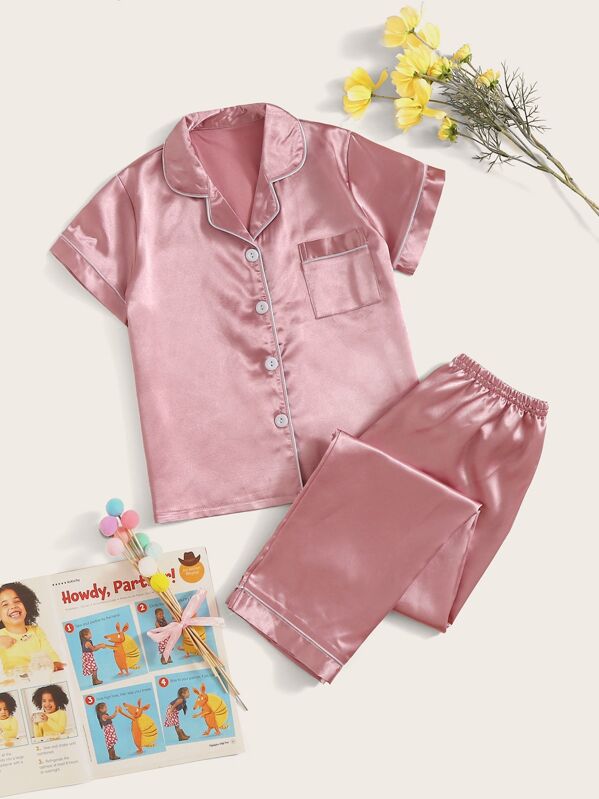 

Girls Contrast Binding Satin Pajama Set, Pink