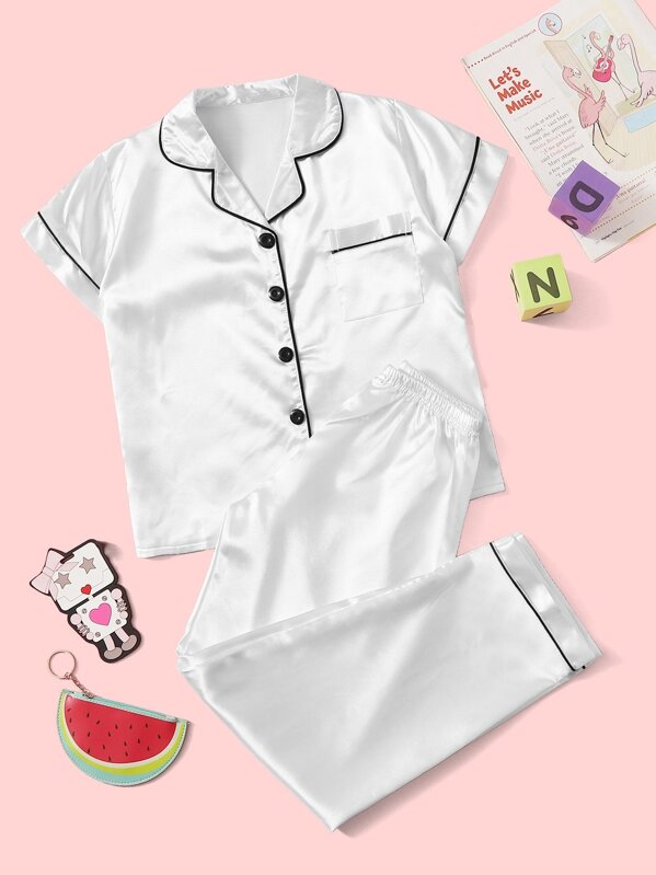 

Girls Contrast Binding Satin Pajama Set, White