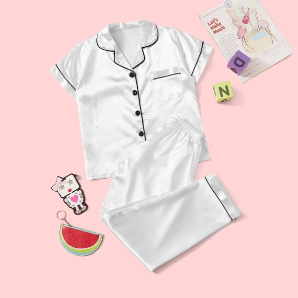 

Girls Contrast Binding Satin Pajama Set, White