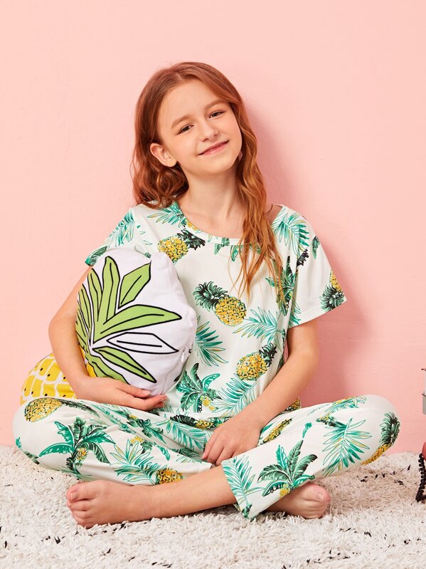 

Girls Pineapple Print PJ Set With Eye Mask, Multicolor, Sashab