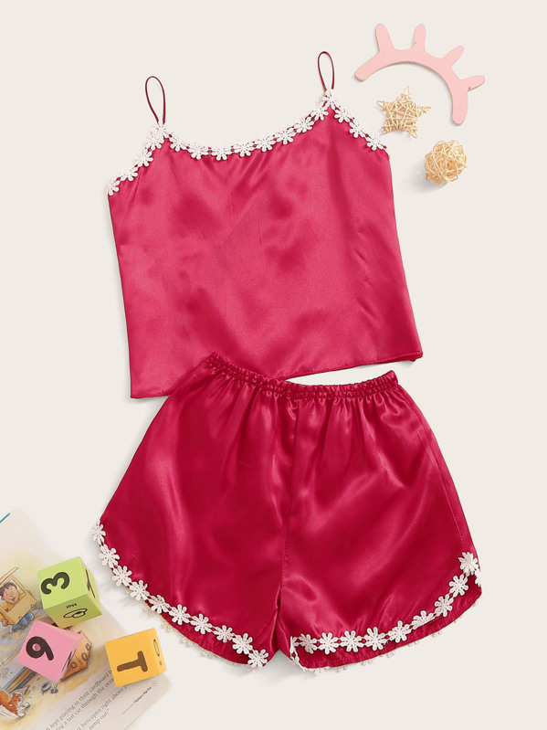 

Girls Flower Crochet Satin Cami PJ Set, Red