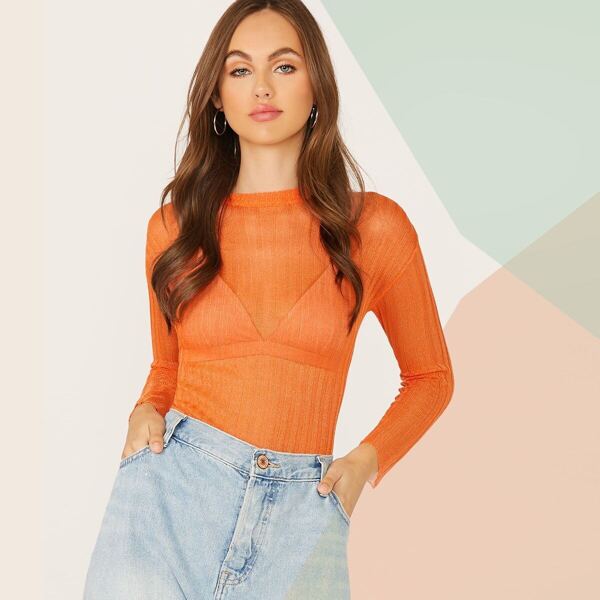 

Drop Shoulder Solid Sheer Top Without Tube, Orange bright