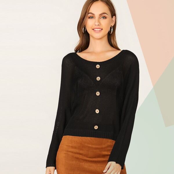 

Solid Button Front Sweater, Black
