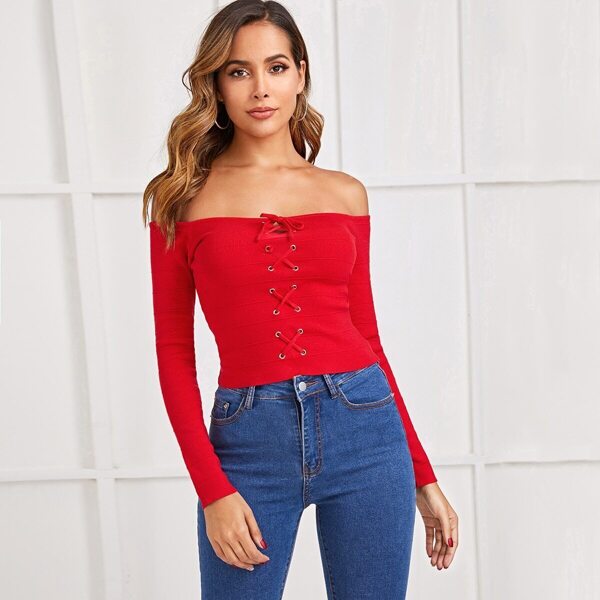 

Off Shoulder Grommet Lace Up Front Top, Red bright