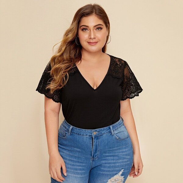 

Plus Solid Lace Raglan Sleeve Top, Black