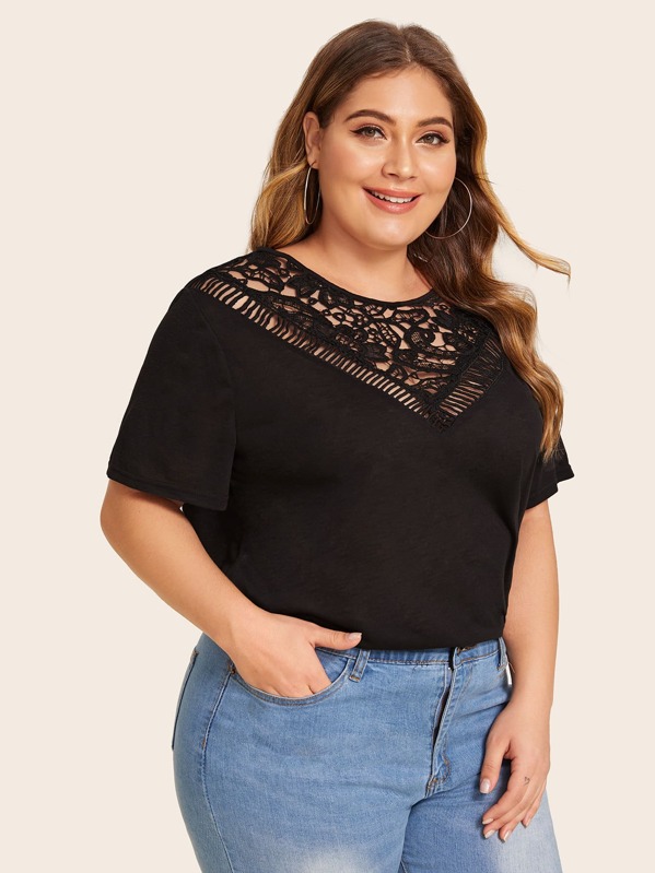 

Plus Lace Yoke Tee, Black, Carol