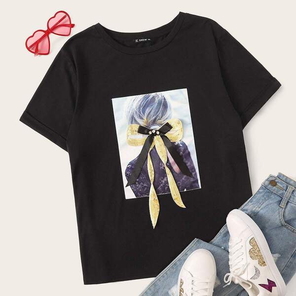 

Plus Figure Graphic Bow Detail Tee, Black