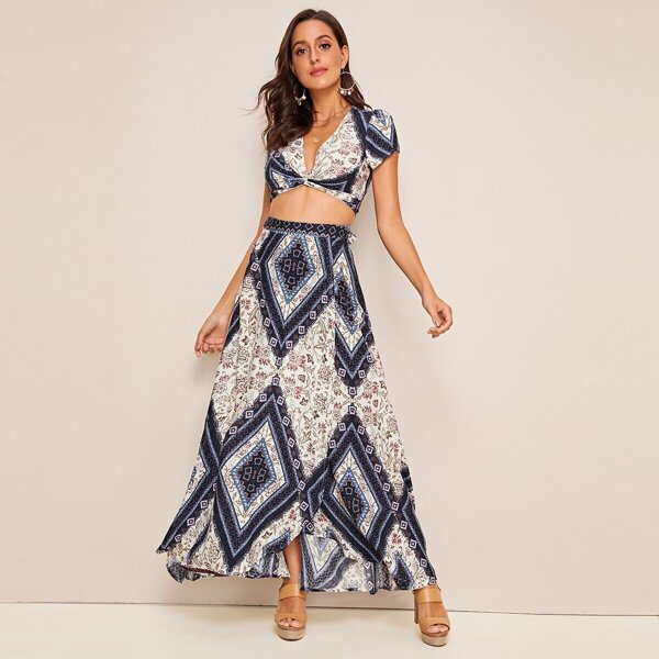 

Plunging Twist Front Tie Back Tribal Top & Skirt Set, Multicolor