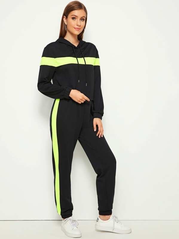 Contrast Side Seam Drawstring Hoodie & Pants Set, Black, Gabi D