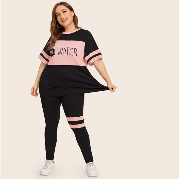 

Plus Two Tone Letter Graphic Top & Leggings Set, Multicolor