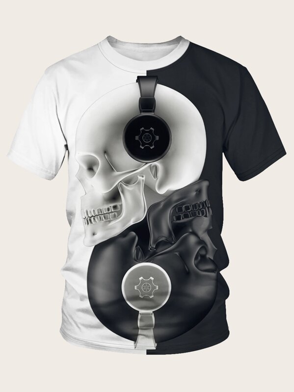 

Men Halloween Two Tone Skull Print Tee, Black and white