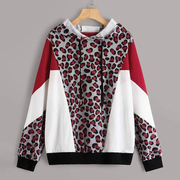 

Contrast Leopard Color-block Drawstring Hoodie, Multicolor
