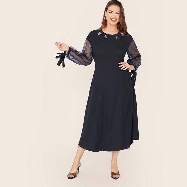 

Plus 3D Sequins Detail Knot Mesh Sleeve Flare Dress, Navy