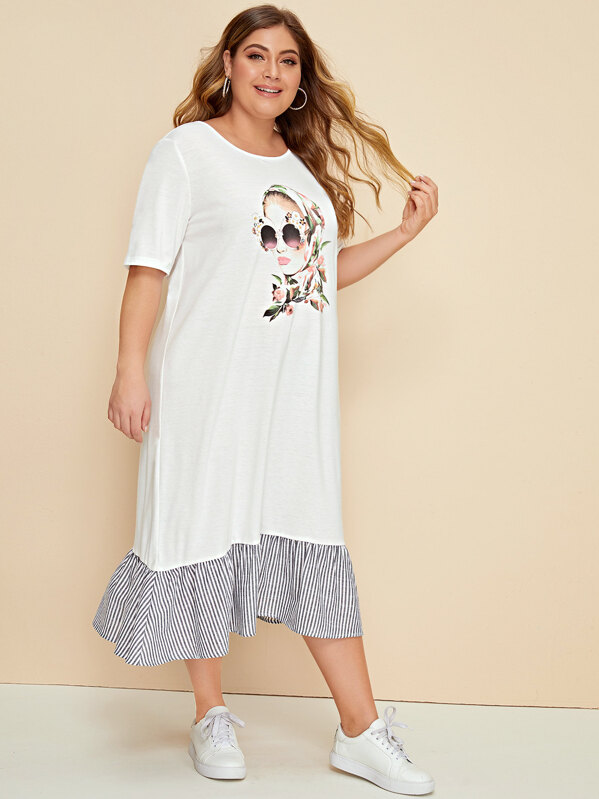 

Plus Figure Print Striped Ruffle Hem Tee Dress, White, Carol