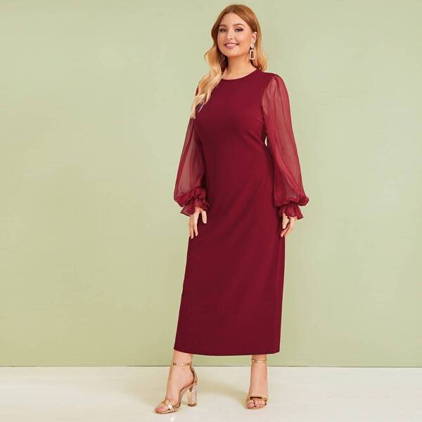 

Plus Sheer Lantern Sleeve Split Hem Dress