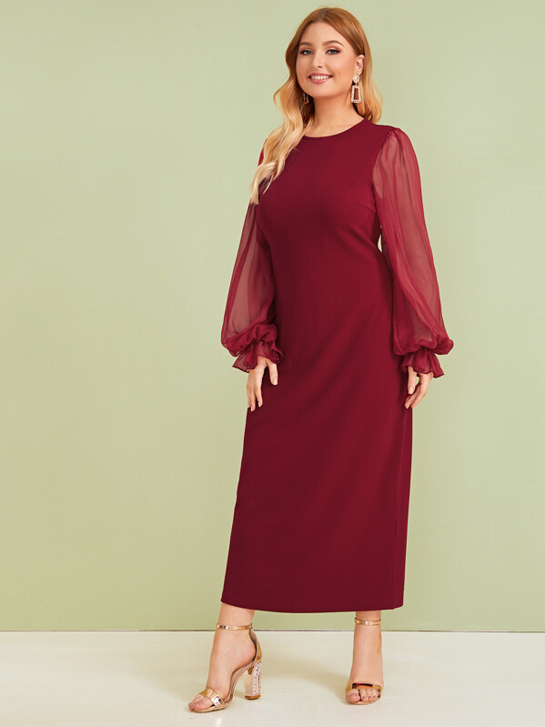 

Plus Sheer Lantern Sleeve Split Hem Dress, Burgundy, Nora