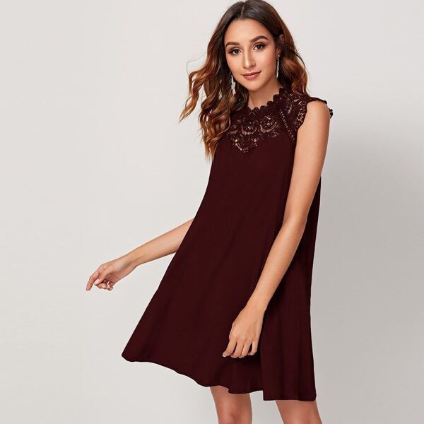 

Keyhole Back Lace Yoke Insert Flowy Dress, Burgundy