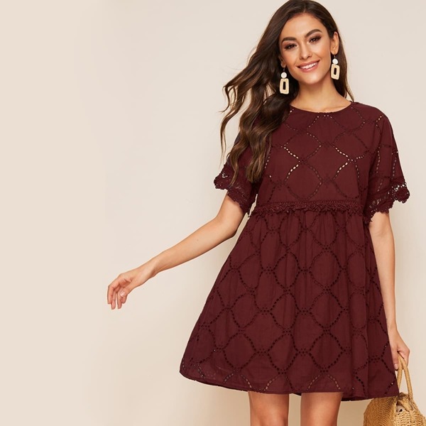 

Guipure Lace Trim Eyelet Embroidery Smock Dress, Burgundy