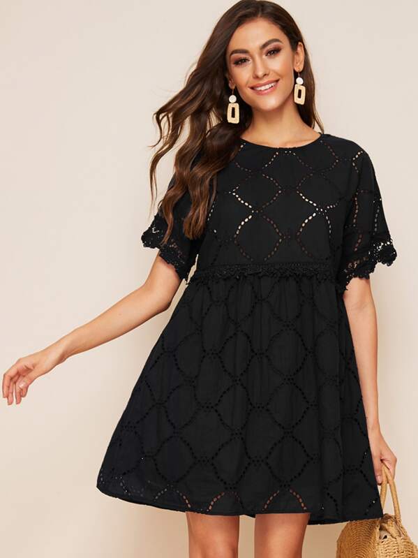 

Guipure Lace Trim Schiffy Smock Dress, Black, Carol A