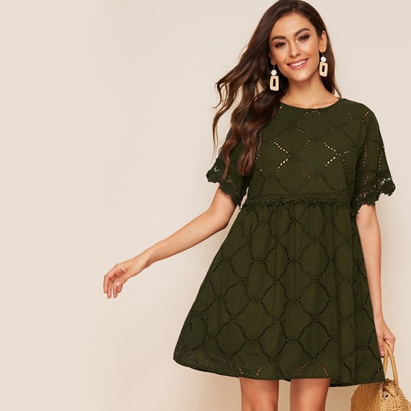 

Lace Trim Schiffy Smock Dress, Army green