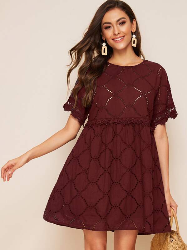 

Guipure Lace Trim Eyelet Embroidery Smock Dress, Burgundy, Carol A