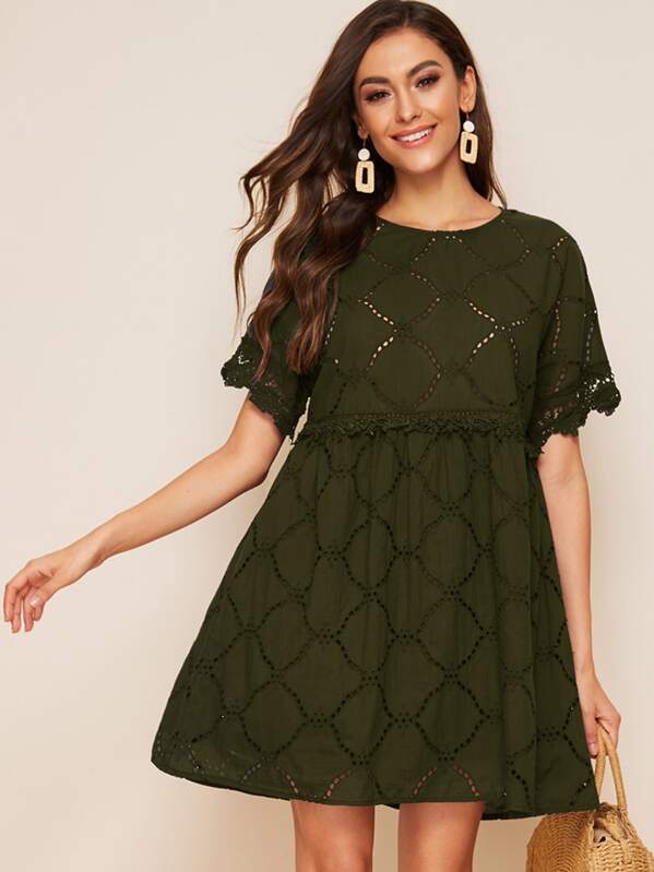

Lace Trim Schiffy Smock Dress, Army green, Carol A